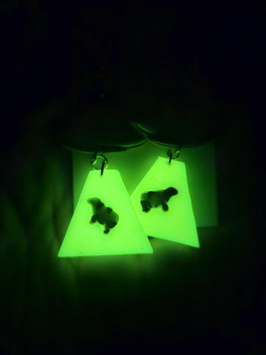 Glowing green triangle-shaped earrings with a small figure inside on a dark background