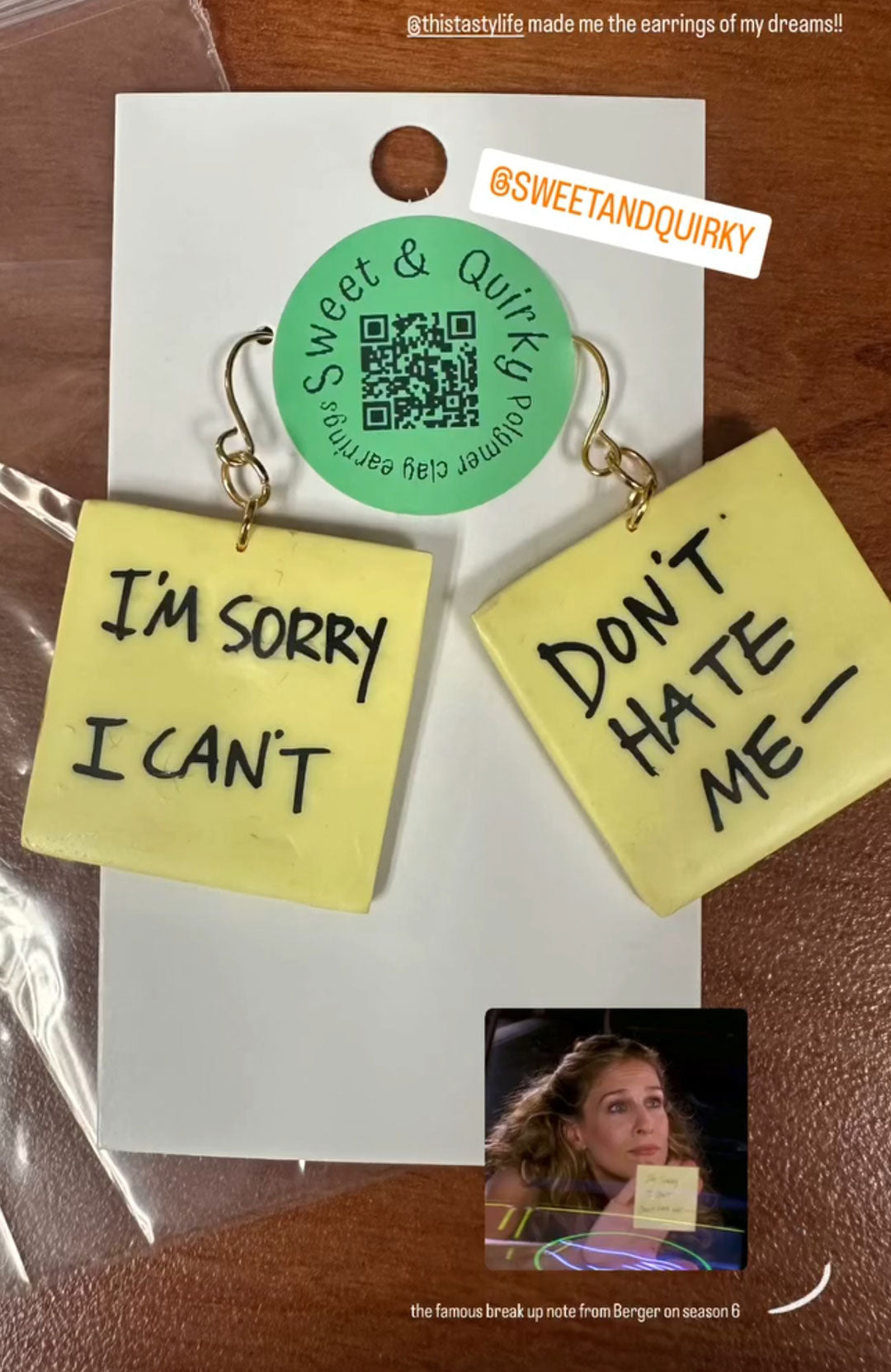 Earrings with break up note from Sex and the City on a Sweet & Quirky branded card.