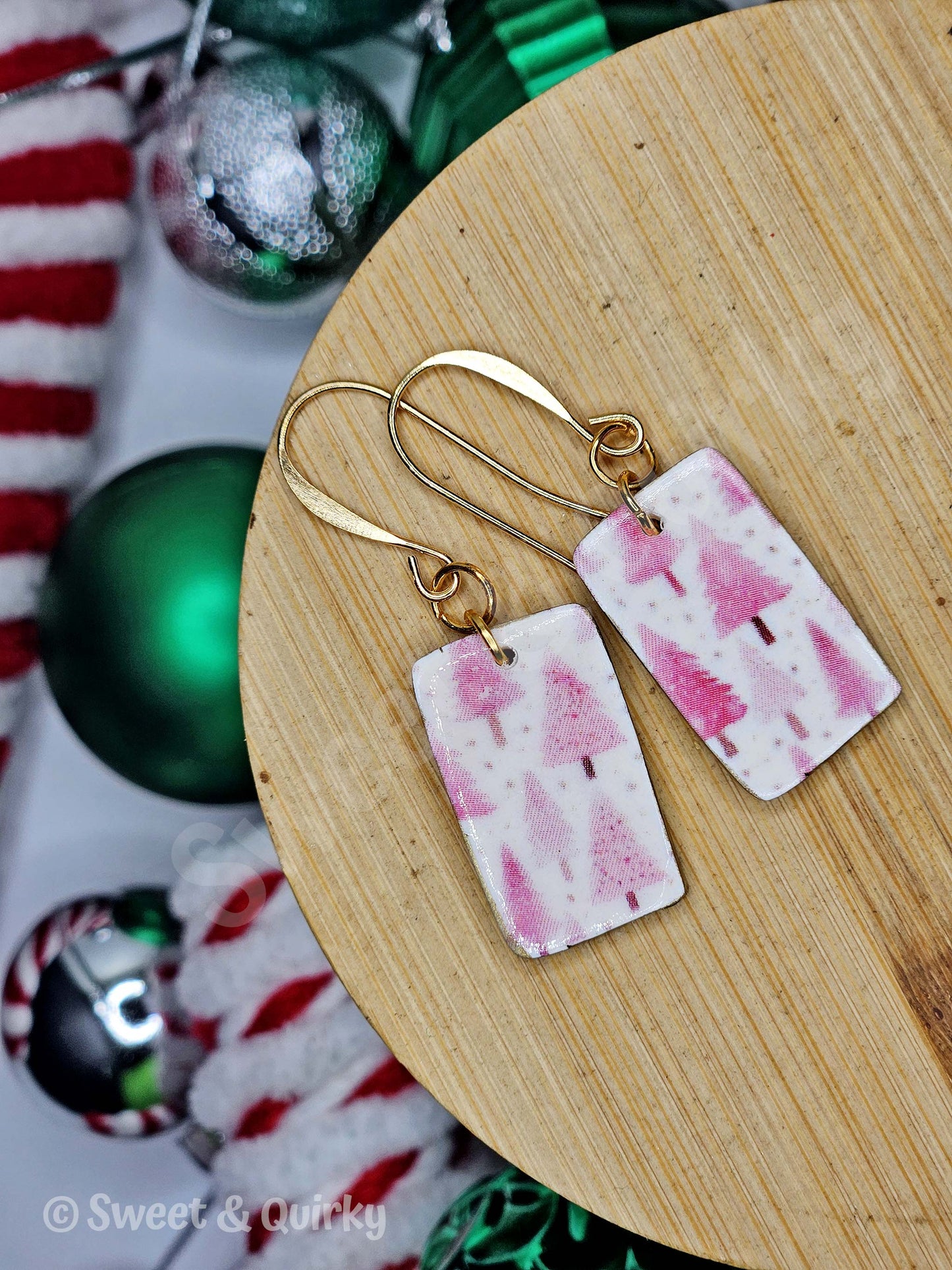 Pink Christmas Tree Earrings