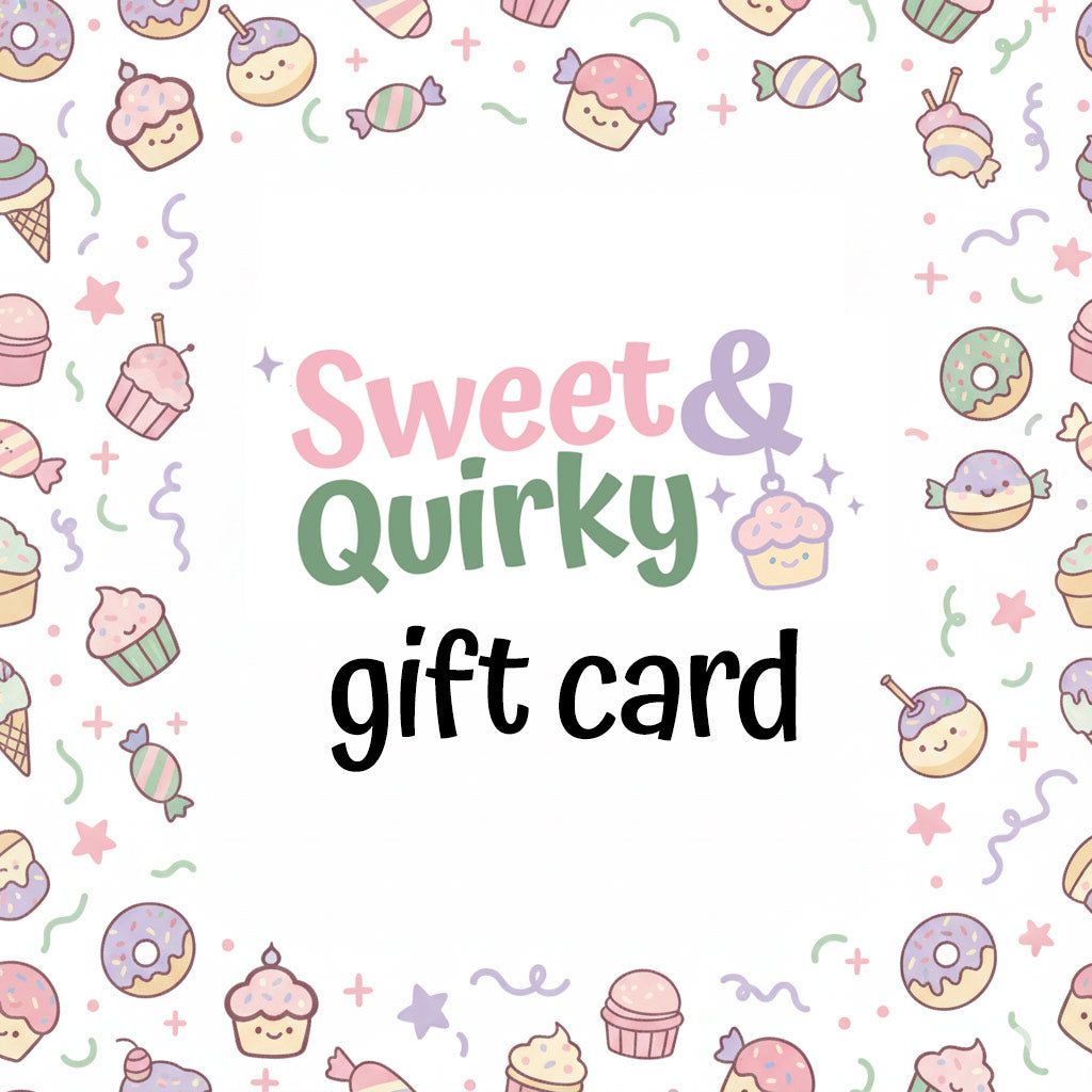Gift card with 'Sweet & Quirky' text and colorful candy-themed illustrations on a white background.