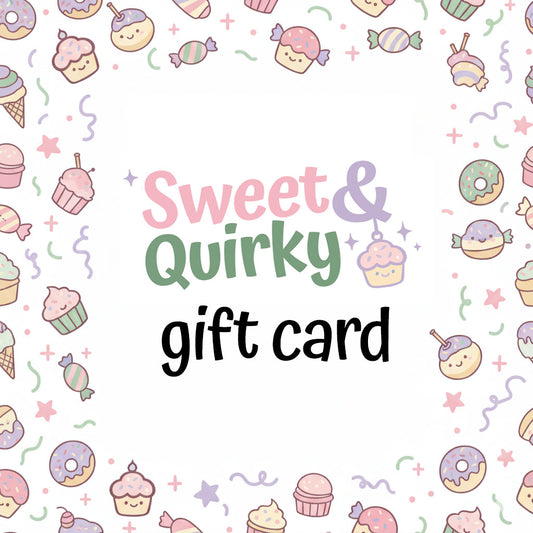 Gift card with 'Sweet & Quirky' text and colorful candy-themed illustrations on a white background.